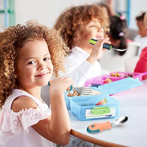 Комплект детски лъжици-вилици EasyRuir с Пътен Футляром за самостоятелно Хранене, Посуда и прибори за деца, Сребърни