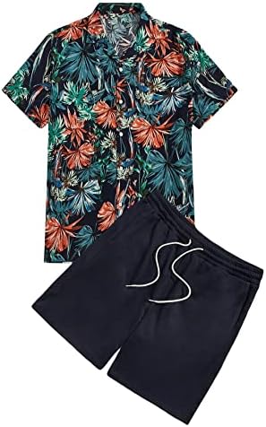Мъжки дрехи Romwe от 2 теми, Набор от Ризи с къс ръкав и копчета, с Тропически принтом и Шорти