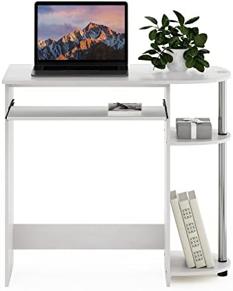 Компютърна маса Furinno опростен, лесен за монтаж, с поставка за клавиатура, от бял дъб / неръждаема стомана
