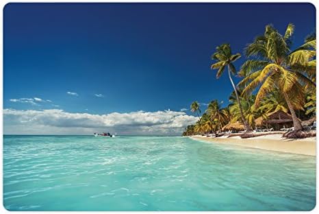 Foldout Океански подложка за домашни за храна и вода, Пейзаж плажа на Райския Тропически остров с Палми, украсени