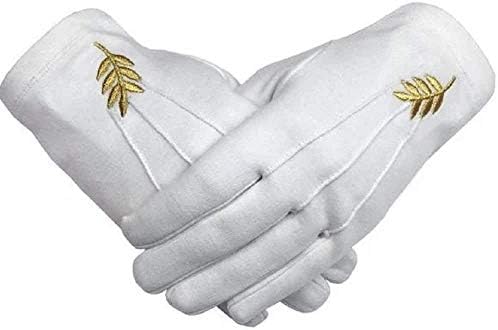 Масонские ръкавици от памук с машинна бродерия листата на акация цвят Бял (2 чифта) (XX размер)