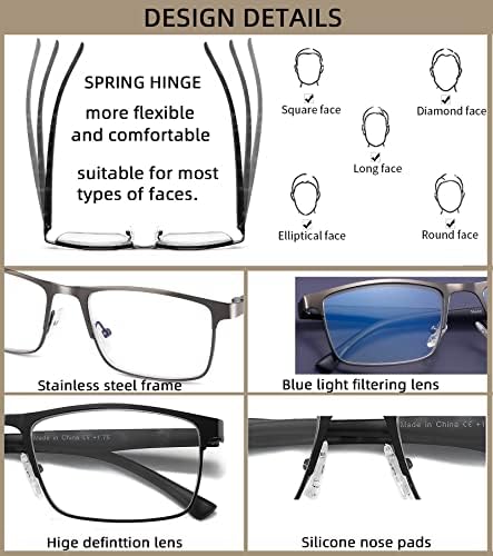 Мъжки слънчеви Очила за четене Dilly Vision, 4 опаковки, Блокиране на Синя Светлина, Пружинни Панти, Стилни Метални Полнокадровые