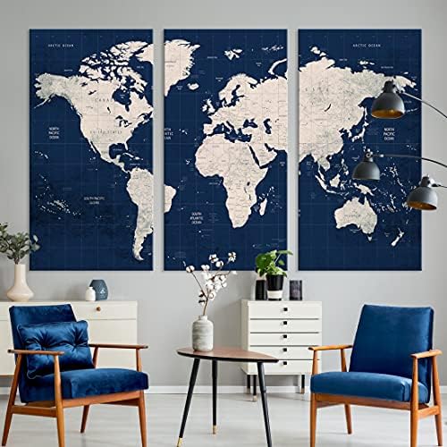 Тъмно Синя Карта на света, на Стенно Изкуство, Многопанельная печат върху Платно X-Large за Домашен интериор, Хол,