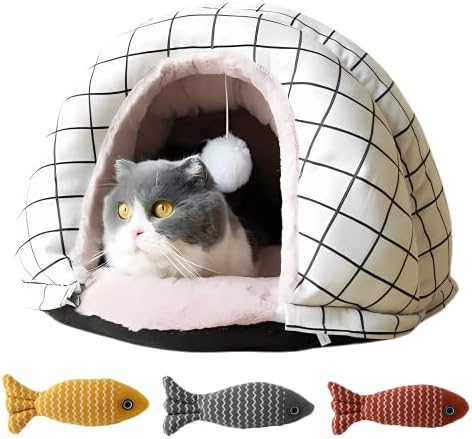 Уютно легло-Пещера за Котки - Сладък Къщичка за Домашни Котки - Идеалният подарък за Котки (М, Бял)