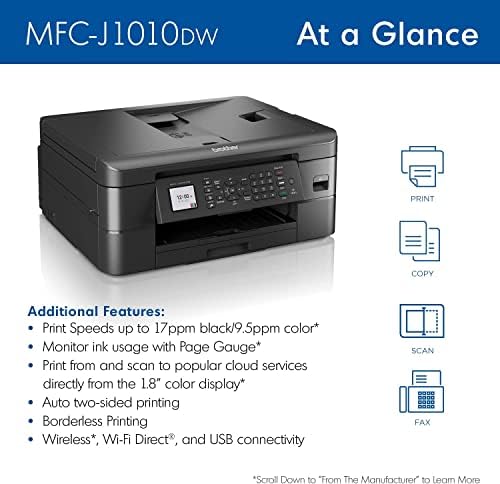 Безжичен цветен мастилено-струен принтер, Brother универсален MFC-J1010DW с поддръжка на мобилни устройства и двустранен печат,
