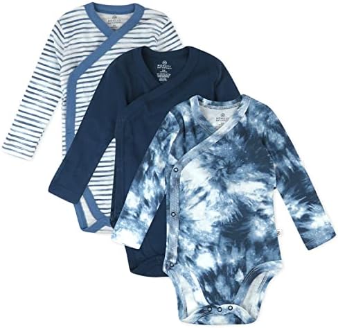 HonestBaby/ Бебешки Боди-кимоно от Органичен памук с дълги ръкави и цип отстрани, 3 опаковки, сини, 0-3 месеца