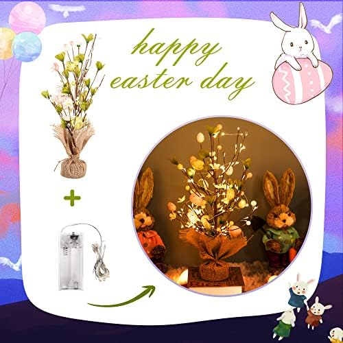 ELAMAS 18Великденски Яйца Настолна Елха - Великденско Цвете Изкуствено Дърво с led подсветка, Пъстри Яйца за Дома за Великден