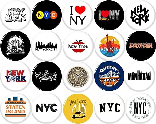 Ню Йорк x 20 нови 1 инча (25 мм) игли, копчета, икона, Ню Йорк, обичам голямата ябълка, Манхатън, Бруклин,