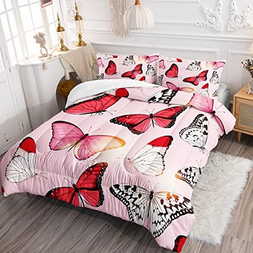 BSNTHO/ Комплект Одеяла с Розова Пеперуда за Момичета, Детски Комплект Спално Бельо с Червена Летяща Пеперуда, Одеало с