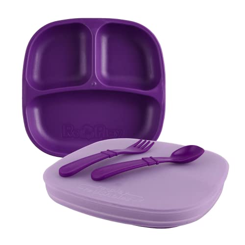 RE-PLAY Произведено в САЩ - Комплект за хранене на деца Amethyst от 5 теми Включва 2 разделени чинии, силиконовата капачка
