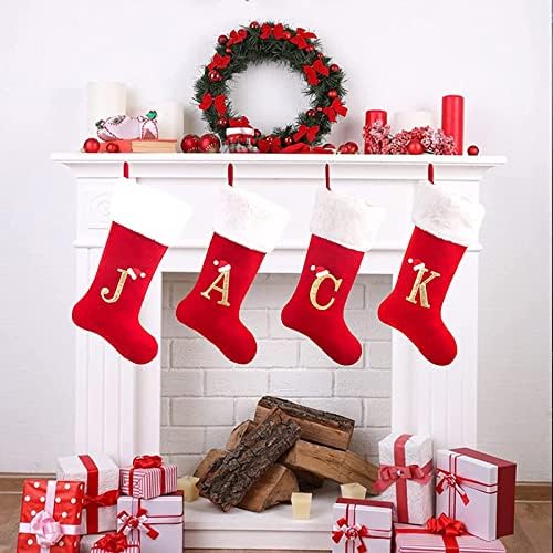 Коледни Чорапи GONEBIN 20 Инча, Червено Кадифе с Бяла Супер Меки Плюшени Белезници, Бродирани Коледни Чорапи,