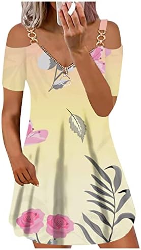 Женствена рокля TREBIN с V-образно деколте, Къс ръкав, Принтом, с цип, С открити рамене, Ежедневна Рокля, Рокля