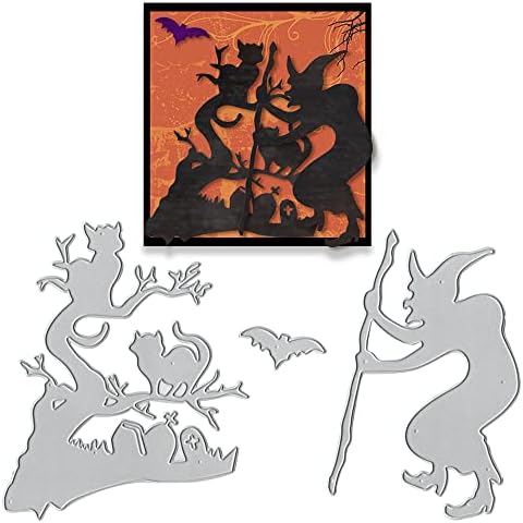 Threetols Метални Режещи Печати за Вещиците на Хелоуин, Котка Прилеп Премахва Шаблони от Дърво с Метални Печати за Направата на Картички, Производство на хартия, Scrapbooking