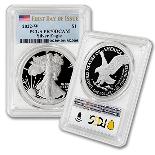 2022 г., 1 унция, американски сребърен орел PR-70 Deep Cameo (PR70DCAM - Първият ден на издаване - Етикет с флага), монетен