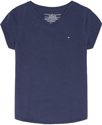 Однотонная тениска с V-образно деколте и къс ръкав Tommy Hilfiger за момичета, бродирани логото и дизайн, без етикети, Ультрамягкая