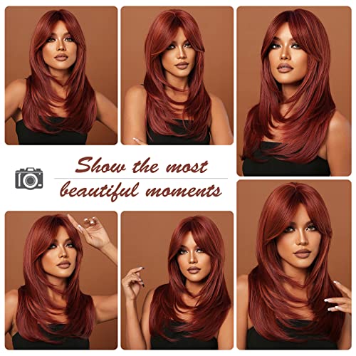 Червени перуки HAIRCUBE за жени, дълги многослойни перуки с бретон, перуки, изработени от устойчиви на топлина