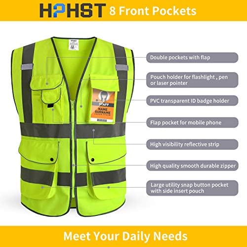HPHST Отразяваща Жилетка за Безопасност с Множество джобове за Жени и Мъже, Жилетка Строител Висока видимост