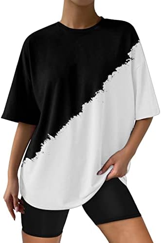Женска Тениска Дамски Тениски Оверсайз Свободно Намаляване на Памучни Блузи с Кръгло деколте и Къс Ръкав Компресиране