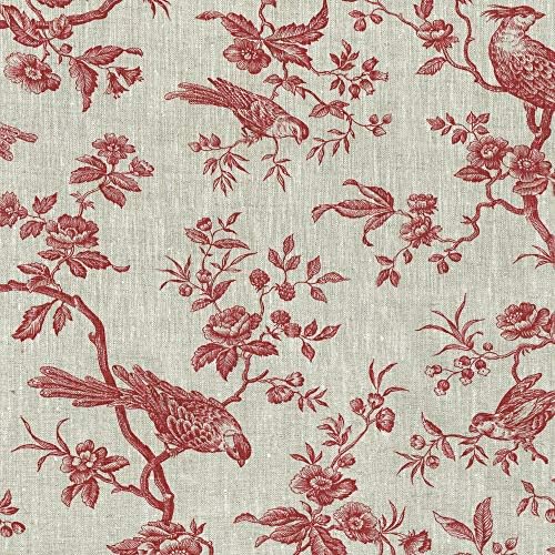 Френски текстил The Regal Birds Плат - Бордо Червен цвят на естествена ленена основа | Дизайн на принт от лен | Ширина