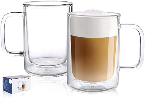 Стъклена Кафеена Чаша Aquach двустенни 12 грама, Голяма Прозрачна Стъклена чаша с дръжка, Комплект от 2 Изолирани