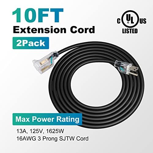 Удължителен кабел с подсветка, 2, 10 Метра, захранващ кабел ултра силна черен цвят капацитет 16/3 SJTW, Щепсел