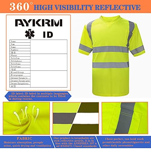 Тениска AYKRM Hi Vis, ANSI Class 3 с V-образно деколте, Отразяващи Защитни ризи с Висока видимост (XS-6XL)