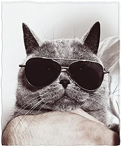 AOYEGO Cat Мека Постилка Сив Британската Котка в Черни Слънчеви Очила е Забавно за домашни Любимци Коте 30х40 См Одеяло