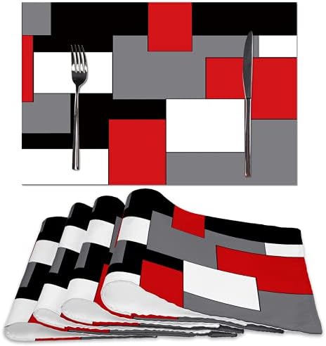 Червени, Сиви, Черни, Бели Кърпички, Комплект от 4 Геометрични Квадратни Подложки за масата, Водоустойчив Миещи Кът Кърпички