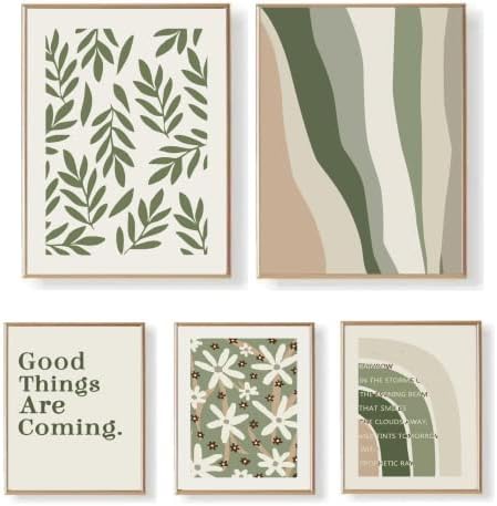 Комплект от 5 Плакати цвят на зелен градински чай, Големи Плакати за спални, Естетичен минимализъм, Стая в датски Пастелни