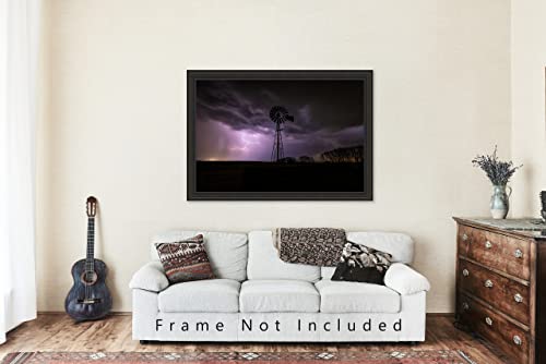 Снимка на буря, Принт (без рамка), Снимка с цип и старата вятърна мелница в бурен нощ в Оклахома, Буря, Стенно
