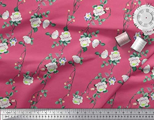 Соймой, розов памучен трикотажная плат, с принтом листа и божури, с цветен декор, ширина 58 см