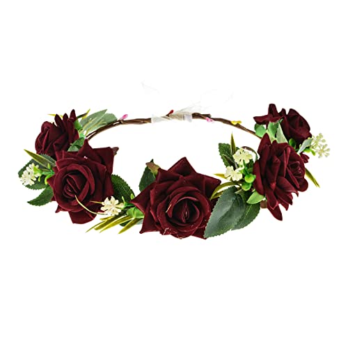 Funsveta За жени и момичета, венец от рози и цветя, сватбена превръзка на главата с цветя, шапки (бордо)
