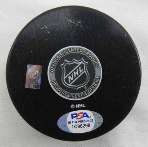 Хокейна шайба с автограф на Мартин Сейнт Луис с логото на Канадиенс с Надпис - за Миене на НХЛ с автограф