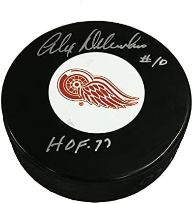 АЛЕКС ДЕЛЬВЕККИО подписа оригиналната шайбата Детройт Ред Уингс 6 w/HOF (сребро) - за Миене на НХЛ с автограф