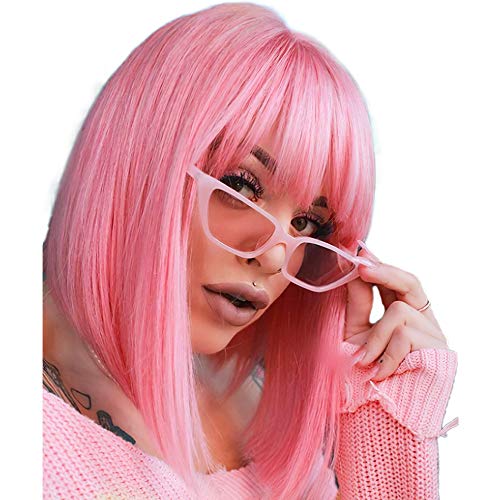AISI BEAUTY Розови перуки-боб с бретон 12 инча Къси преки перуки-боб Цветни синтетични перуки за cosplay за всеки