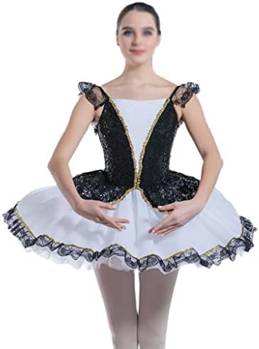 Дамски балетна пола от бял тюл с черна дантела, Черни пайети с бяло елече от ликра, дрехи за танци на сцената (Цвят: бяло-черен,
