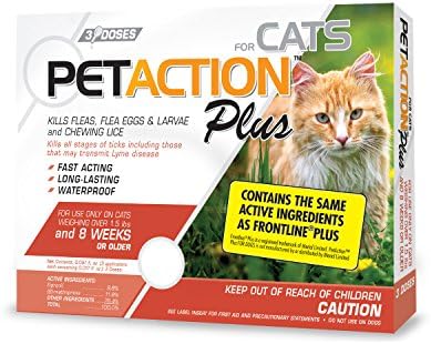 PetAction Plus Средство за защита от бълхи и кърлежи за котки с тегло над 1,5 кг, състав на 3 месеца (Опаковка може да варира)
