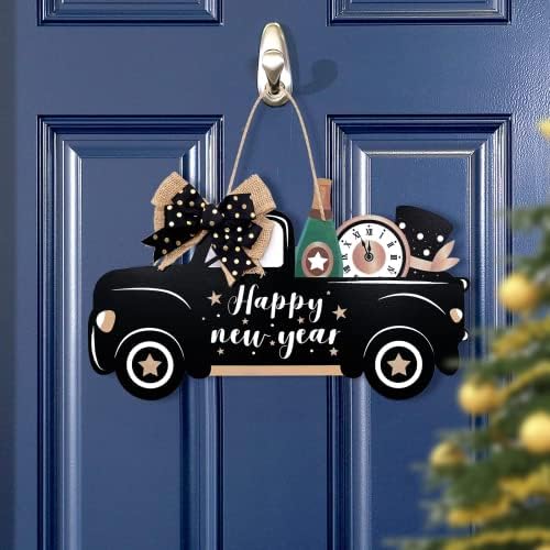 Знак честита Нова година, Черна и Златна Табелка на вратата на камиона с Лък Ръчно изработени Коледна декорация с Дървени Врати,