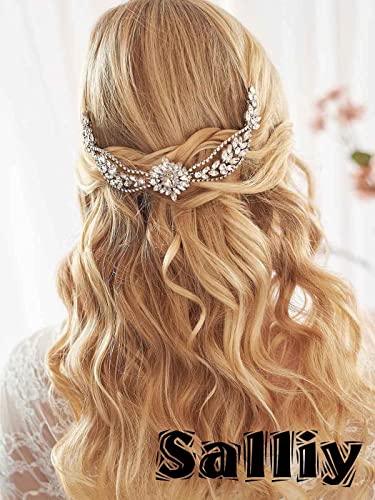 Salliy Сватбена гребен за коса със сини листа, украса за косата на булката, сребърни аксесоари за коса с кристали за жени