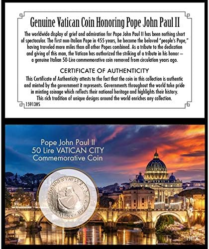 Монета на Папа Йоан Павел II | Истински Възпоменателна монета на 50 Лири | Ватикана | Сертификат за автентичност
