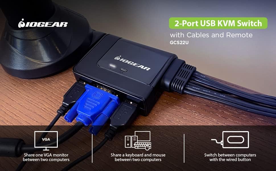 2 Портов KVM суич IOGEAR с USB кабел VGA - 2048 x 1536 - Дистанционно бутон превключвател - Plug и play - PC, MAC, SUN