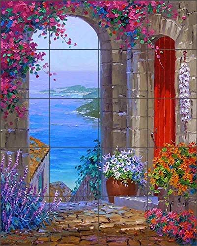 Стенни плочки с морска гледка Forever A View от Mikki Senkarik Средиземноморско изкуство Кухня с Керамични стенопис за