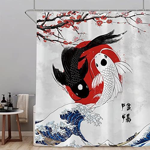 Завеса за душ от Японски аниме за Баня, душ Завеса за душ Koi Fish Yin Yang 72 X 72 Asin Розова Вишнев Цвят, Набор