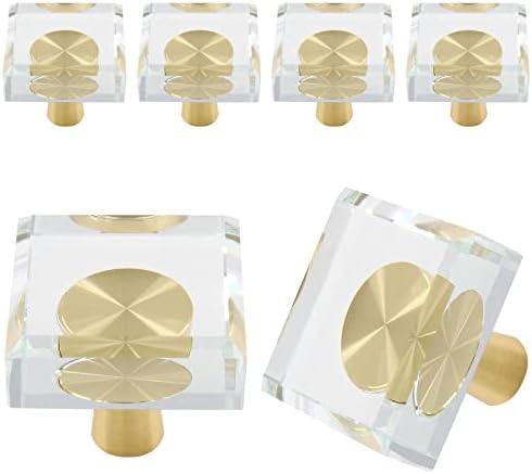 Uenhoy 6 Опаковки Стъклени Кристални Дръжки за шкафове, Квадратна Дръжка за чекмеджета, Златни Кристални Дръжки за Шкафове