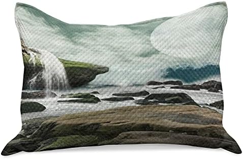 Калъфка за възглавница от стеганого одеяла Ambesonne Nature, Фантазийный Пейзаж с Водопад върху Скалите и Луната, Стандартна
