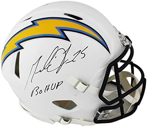 Истински каска NFL Los Angeles Chargers Speed с автограф Мелвина Гордън и надпис Болт Up