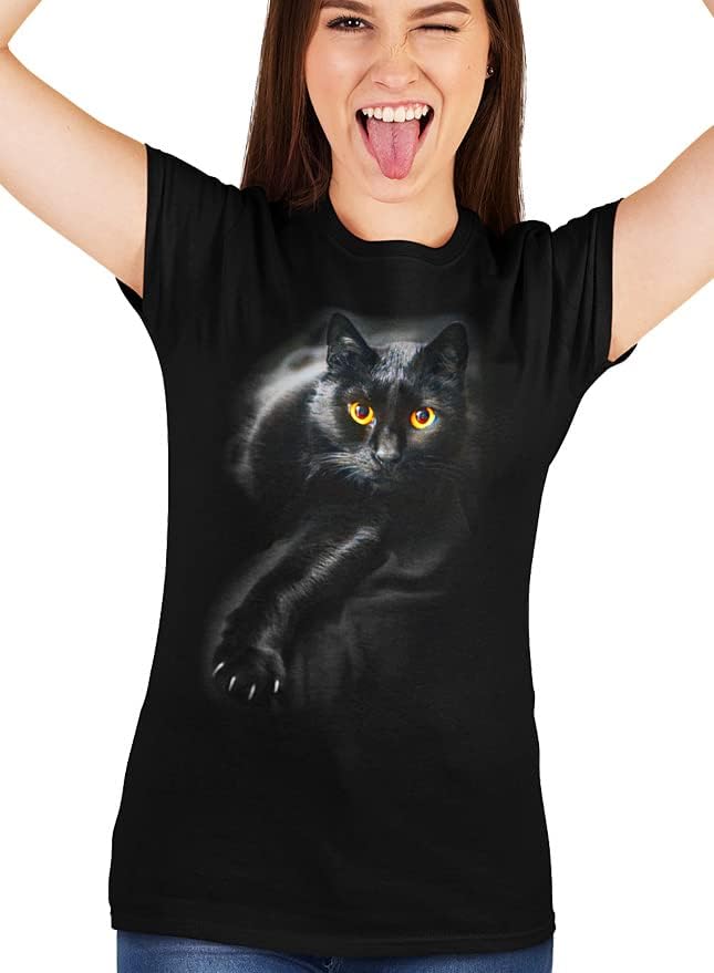 Тениска с Черна Котка за жени и Мъже, Страхотни Подаръци с Котка за Любителите на Котки, Тениска с Черна Котка и Жълти