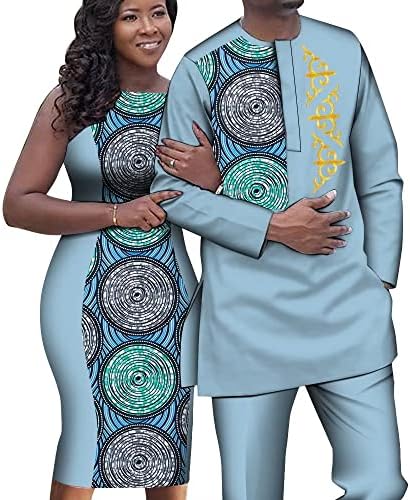UOUNUT Африканска Двойка Екипировки Дамски Рокли Без ръкави и Дашики Мъжка Риза и Панталони Комплект Африканска
