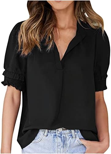 Дамски Блузи с рюшами на ръкавите, Обикновена Ежедневните Свободни Тениски с V-образно деколте и Къс Ръкав, Блуза
