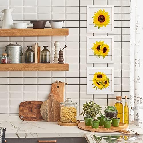 Стенен декор под формата на слънчоглед, Комплект от 3 панели с принтом размер 8х8 инча в селски стил за дома, баня, кухня